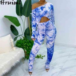 2 Piece Tie Dye Sexy Bodycon Women Set Short Tops Pencil Pants Autumn Long Sleeve One Shoulder Pleated Hollow Sporting Tracksuit 210513