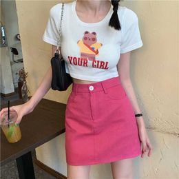 WOMENGAGA Skirt Women's High Waist And Thin Rose Red Short Mini Skirts Pink Sexy Slim TK6W 210603