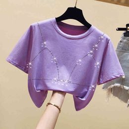 Short Style Bling Women Tee Summer Women's Sleeves O Neck Cotton T-Shirt Tees Girls Pullover Casual Tops A3295 210428