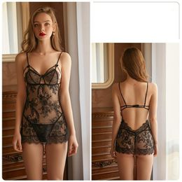 Women's Sleepwear Lenseria Sexy Mujer Summer Tangas Lace See Through Negligee Halter V Neck Strap Underwear Women Nightdress Home Wear