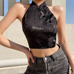 Black Floral Embroidery Y2k Crop Tank Tops Halter Vest For Women Sexy Bandage Backless Fashion Summer Outfits Beach Female 210510