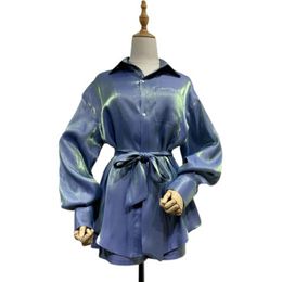 Women Two Pieces Set Satin Shirt Blue Shorts Sash Polarized Light Colur T0244 210514