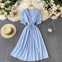 Summer Wear Vestidos Women's Age-reducing Fungus V-neck Puff Sleeve Slim French Midi Dress GK572 210507