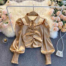 SINGREINY Satin Halter Blouse Women Design Korean Puff Sleeve Solid Blouses Autumn Ruched Slim Fashion Streetwear Short Tops 210419