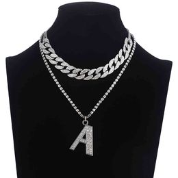 26 Alphabet Initial Necklace Women Men Cuban Link Chain Choker Rhinestone Letter Necklace Iced Out Hip Hop Bling Name Jewelry X0509