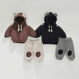 Baby Winter Hooded Coat Warm Boy Girls Thicken Granular Velvet Sets Toddler Kids Hoodies Sweatshirt Suits Pants Baby Clothes G1023