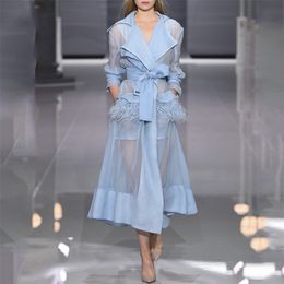 Spring Elegant Drawstring Slim Waist Women Jacket Chic Tassel Patchwork Tops Fashion Fresh Mesh Long Trench Coat 210519