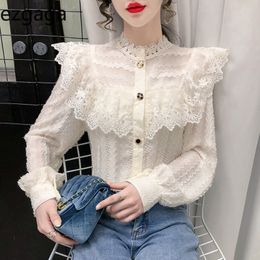 Ezgaga Elegant Blouse Office Lady Spring Sweet Ruffled Chiffon Loose Stand Collar Korean Tops Lace Shirts Women Fashion 210430