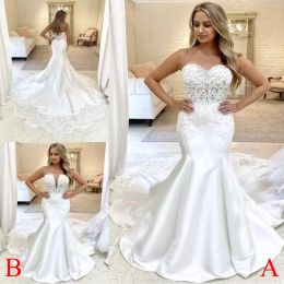 Mermaid Wedding Dresses Bridal Gown Lace Applique Chapel Train Custom Made Plus Size Vestido De Novia Designer Tulle Satin Beach Castle Covered Buttons Back 403 403