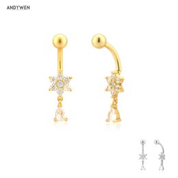 ANDYWEN 925 Sterling Silver 1PCS Sexy Bars Button Rings Belly Piercing CZ Crystal Flower Body Jewelry Fine Navel P