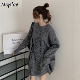 Neploe Loose Crazy Style Twist Knit Sweater Women O Neck Pullover Long Sleeve Pull Femme Slim Wiast Sashes Sueter Warm Solid 210423