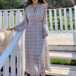 Vintage Party Midi Dress Vestidos Elegant Print Long Sleeve Spring Women es Summer Casual O-Neck Chiffon A LIne 13199 210521