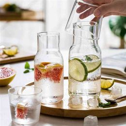Water Carafe With Tumbler Glass Transparent Glass Water Juice Milk Bottle Cold Water Bottle Cup Temperature Resistance 210914