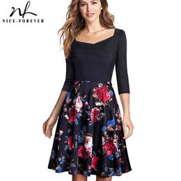 Nice-forever Retro Elegant Floral Printed Dresses Casual Flared Women A-line Autumn Dress A075 210419