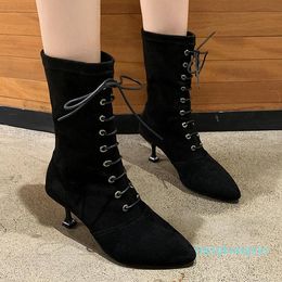 Boots Nice Mid Calf Women Autumn Pointed Toes Pretty Dress Shoes Woman Thin High Heels Sexy Lady All Black Wild Pumps