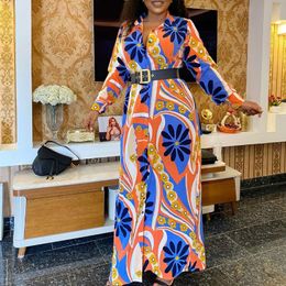 Women Fashion Printed Shirt Dresses with Waist Belt Long Sleeves Turn Down Collar African Female Vestidos Plus Size XL Robes 210416