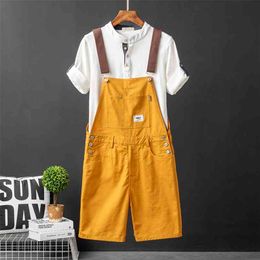 Summer Men Bib Pants Solid Colour Casual Shorts Jumpsuits Streetwear Joggers Multi Pockets Fashion Suspenders Cargo Overalls 210721