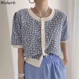 Woherb Floral Print Summer Thin Knitted Cardigan Women Puff Short Sleeve O-neck Causal Sweater Coat Knitwear Korean 210806