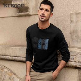 KUEGOU 100% Cotton Autumn Spring Clothing Mens T-shirt Printing Embroidery Fashion Long Sleeve tshirt Top Plus Size 88131 210524