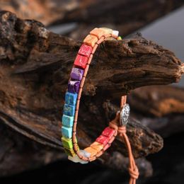 Charm Bracelets Handmade Leather Multicolor Natural Stone Tube Beads 7 Chakra Bracelet Women Yoga Jewellery Wrap Couples Creative Gift