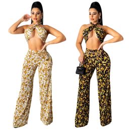 Tracksuits Fashion Women Floral Print Female Sleeveless Lacing Halter Top Sexy Two Piece Outfits Long Pant Clothes Set