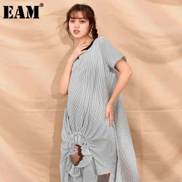 [EAM] Women Black Striped Irregular Long Dress Round Neck Short Sleeve Loose Fit Fashion Spring Summer JR12201 21512