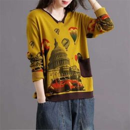 Retro Literature and Art Spring Spring/Autumn Outer wear loose-fitting printed V-neck sweater blouse 210427