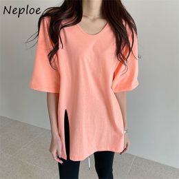 O Neck Pullover Short Sleeve Loose T Shirt Women Simple Candy Color Causal Tees Side Split Design Summer Lady Top 210422