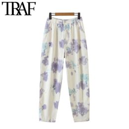 TRAF Women Chic Fashion Tie-dye Print Side Pockets Pants Vintage High Waist Zipper Fly Female Ankle Trousers Mujer 210415