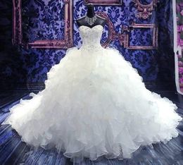 Ball Beaded Embroidery Gowns Wedding Dresses Princess Gown Corset Sweetheart Organza Ruffles Cathedral Train Bridal Dress Plus Size Custom Made