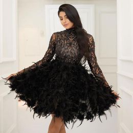 short prom dresses feathers Australia - Party Dresses Luxury High Neck Long Sleeves Short Prom Dress 2022 Feather Beading Lace Applique Formal Gown Custom Made Saudi Arabia