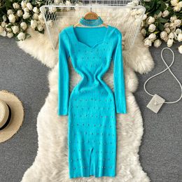 New design women's long sleeve v-neck halter neck rhinestone patchwork luxury knitted bodycon tunic vent jag knee length dress