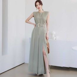 Women Summer Sleeveless Jumpsuit Elegant Belted Split Wide Leg Rompers Solid Casual Work Bodysuit Pantalon Trousers 210529