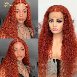Colored Curly Lace Part Human Hair Wigs Brazilian Ginger Orange For Black Women Pre-Plucked Remy Density 180