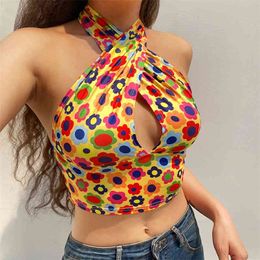 Daisy Printed Y2k Crop Tank Tops Halter Vest For Women Sexy Deep V Neck Fashion Summer Sleeveless Slim Outfits Party Female 210510
