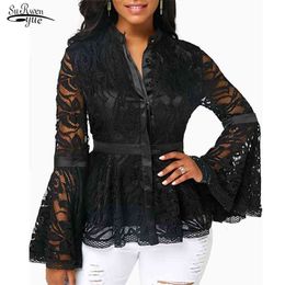 Plus Size Women Lace Long Flare Sleeve Blouse Slim Fit Hand-wash Mesh Women's Tops Blusas Mujer 7946 50 210521