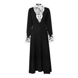 Women Black Maxi Dress Stand Collar Lace Long Sleeve Empire Vintage Pocket D2202 210514