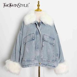 Patchwork Fluff Denim Jacket For Women Lapel Long Sleeve Casual Thick Coat Female Fashion Clothing Winter 210524