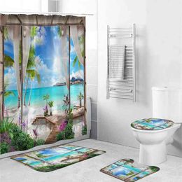 Sea Beach Printed Waterproof Shower Curtain Bathroom Non-slip Rug Set Bath Carpets Toilet Seat Cover Floor Mat Bathroom Decor 210401