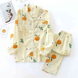 Cotton Gauze Fruits Floral Print Girls Pyjama Set Long Sleeve Pockets Shirts Top Loose Pants Sleepwear Women Sets Kawaii 210330