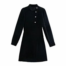 Women Black Jewellery Velvet Dress Long Sleeve Elegant Chic Party Basic Vestidos Mujer 210531