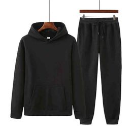 Spring and autumn men's solid color hoodie sweater + casual trousers two-piece suit of the same color hooded sweater men G1222