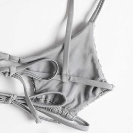 ZAFUL Grey Bikini Bralette Smocked String Bikini Swimwear Drawstring Spaghetti Straps Low Waisted Swimwear Bra Bathing Suit Y0820