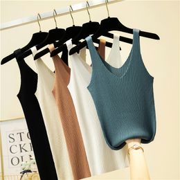 Fashion Summer Knitted Womens Tank Tops Fashion Solid Color SleevelV Collar Casual Woman Vests Slim Fit Blue Lady Sweaters X0507