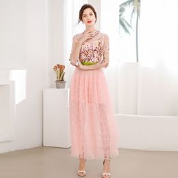 Women Summer Fashion elegance party dress Lace Embroidery Waist-Closing 3/4 Long Sleeve Women's Attending Mesh Dresses 210514