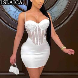 Women's Summer Dress Backless Diamonds Decorated Mesh Patchwork Bodycon Evening Party Chic Fashion Suspender es Lady 210515