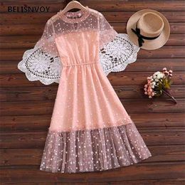 Summer Women Preppy Style Feminine Dress Pink Green Dots Sequined Mesh Flare Sleeve Ruffled Elegant Party 210520