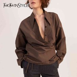Vintage Irregular Women's Shirt Lapel Collar Long Sleeve Large Size Asymmetrical Blouse Female Fashion 210524