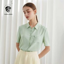 FANSILANEN Office Lady French Embroidered Chiffon Shirt Women Summer Short Sleeve White Green POLO Collar 210607