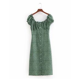 Summer dress women Vintage short sleeve botton long korean fashion green floral beach party casual vestidos 210521